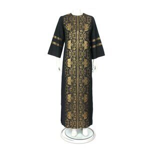 Vtg 70s Haracopoulos Greek Black Gold Metallic Thread Cotton Maxi Dress sz M 091